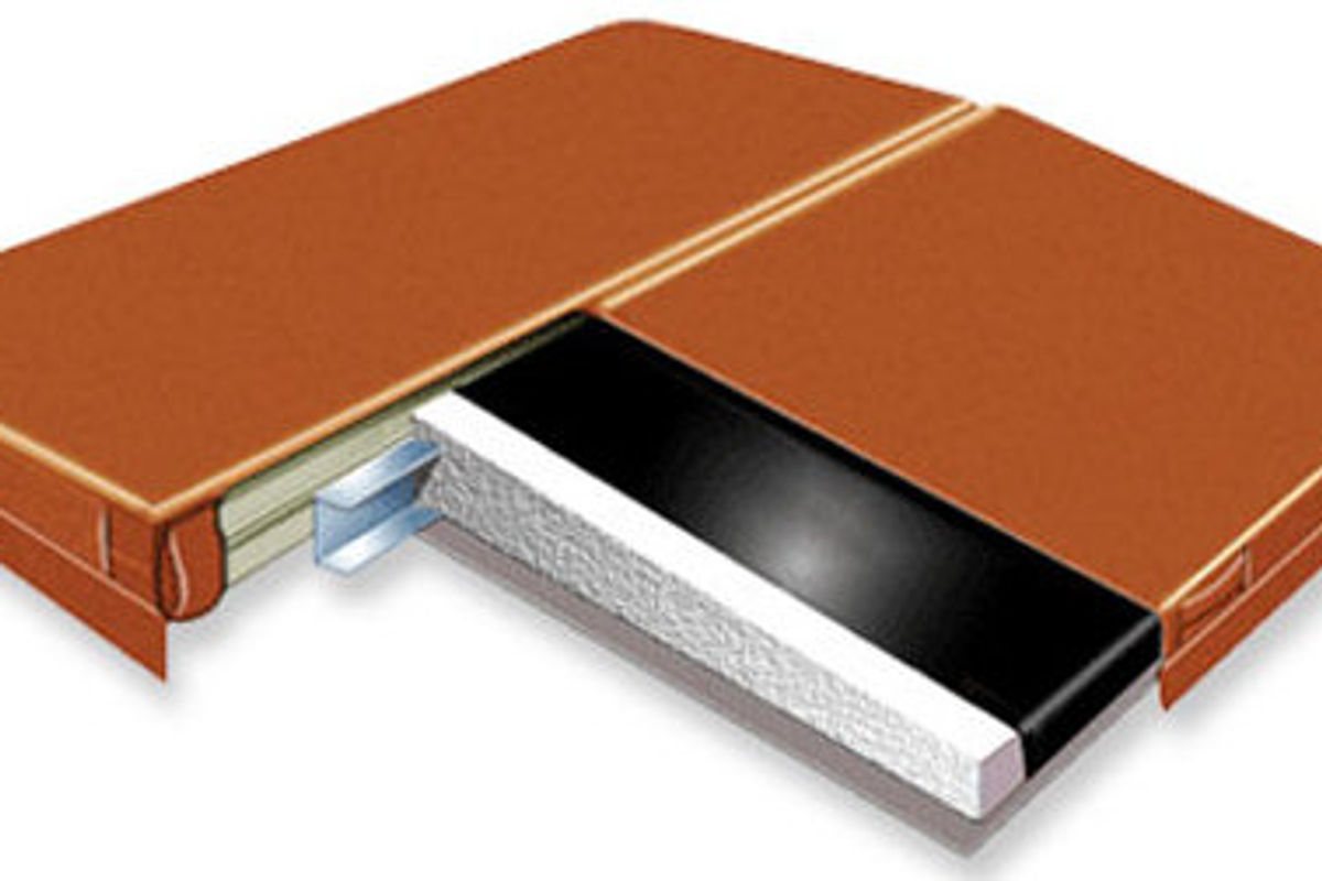 Cutaway of a custom insulated hot tub cover showing the foam core, vapor barrier, and metal reinforcement