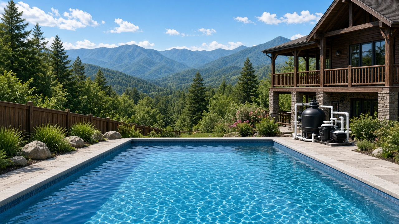 Mountain cabin swimming pool with equipment area