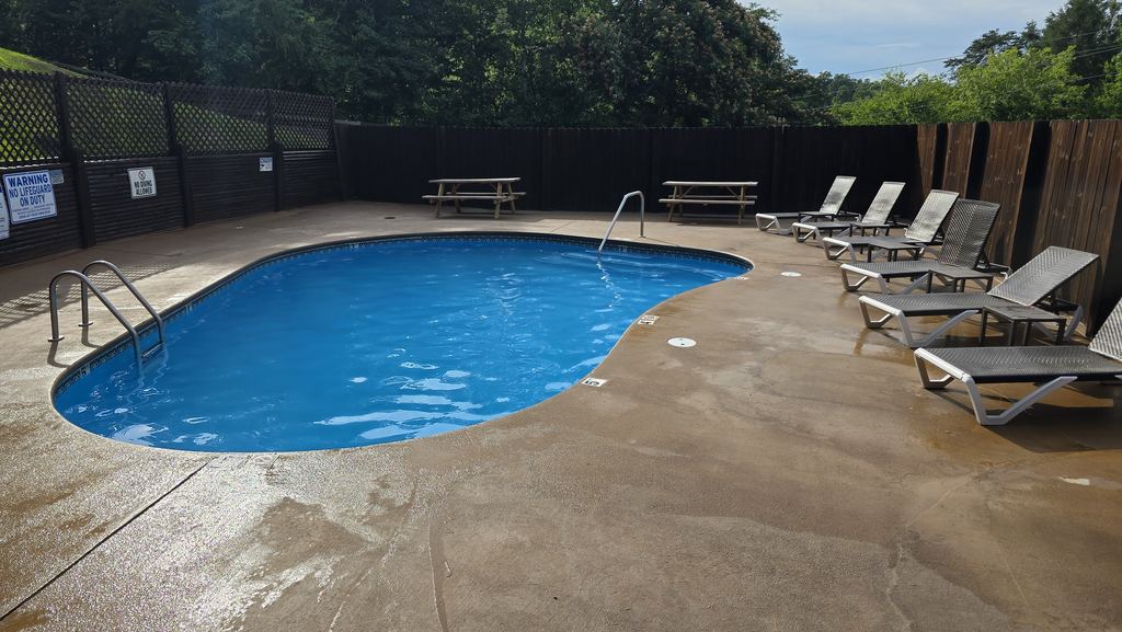 Kidney-shaped community pool with lounge chairs and picnic tables